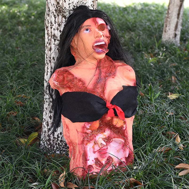 

Halloween Scare Props Bar Haunted House Layout Decorations Rotten Face Female Corpse Horror Half Hanging Dead Body Ornaments