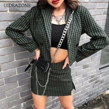 

UIDEAZONE Plaid Women Two Piece Sets Suits Single Breasted Blazer Mini Wrap Skirts Turn down Collar Full Sleeve 2019 Streetwear