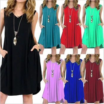 

Daily suit OLWPIRNCESS 2019 Sleeveless Pocket V-neck Vest Dress Women's Solid Color Women's Dresses