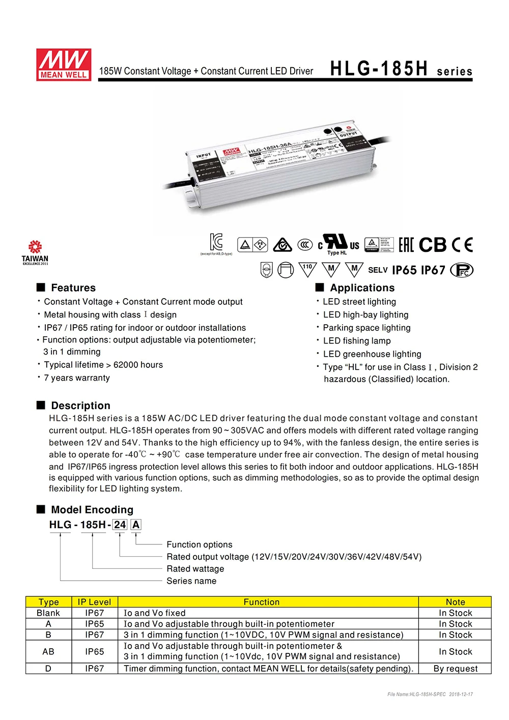 MEAN WELL Светодиодный источник питания HLG-185H-48A 48 В регулируемый светодиодный драйвер 110 В/220 В переменного тока до 48 В постоянного тока 3.9A 187 Вт Водонепроницаемый IP65 трансформатор