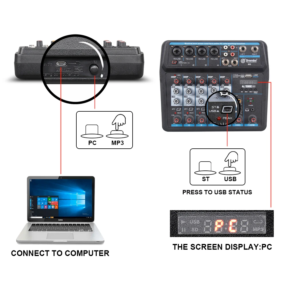  Drembo M-4/6 Protable Mini Mixer Audio DJ Console with Sound Card USB 48V Phantom Power for PC Reco