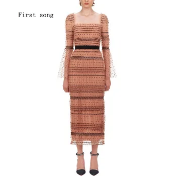 

First song Women's Skinny Polka Dot Mesh Sexy Long Dress 2020New Summer Long Sleeve Elastic Waist French Elegant Women's Dress