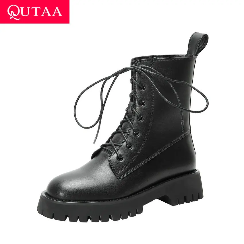 Женские ботинки из коровьей лакированной кожи QUTAA Черные ботильоны на квадратном