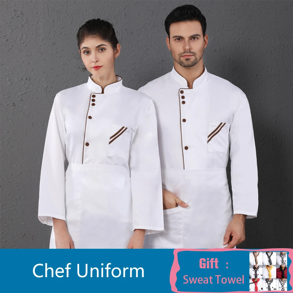 Длинный рукав шеф униформа для мужчин и женщин кухня поварской китель отель кафе Парикмахерская барбекю Рабочий костюм свободный шарф подарок - Цвет: White