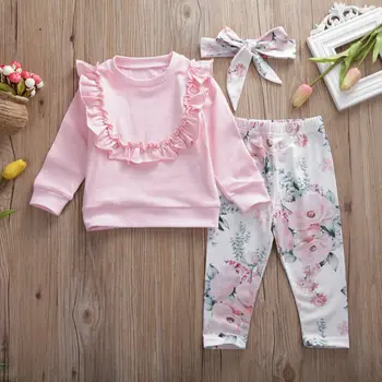 

CANIS Baby Girls Kids Outfits Clothes Flower Long Sleeve Solid Color Top Ruffles Floral Printed Pants Trousers
