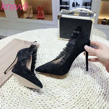 

Knsvvli New Lace Flounces Runway Party Shoes Woman Suede Leather Pointed Toe Zapatos De Mujer Sexy Thin High Heels Women Pumps