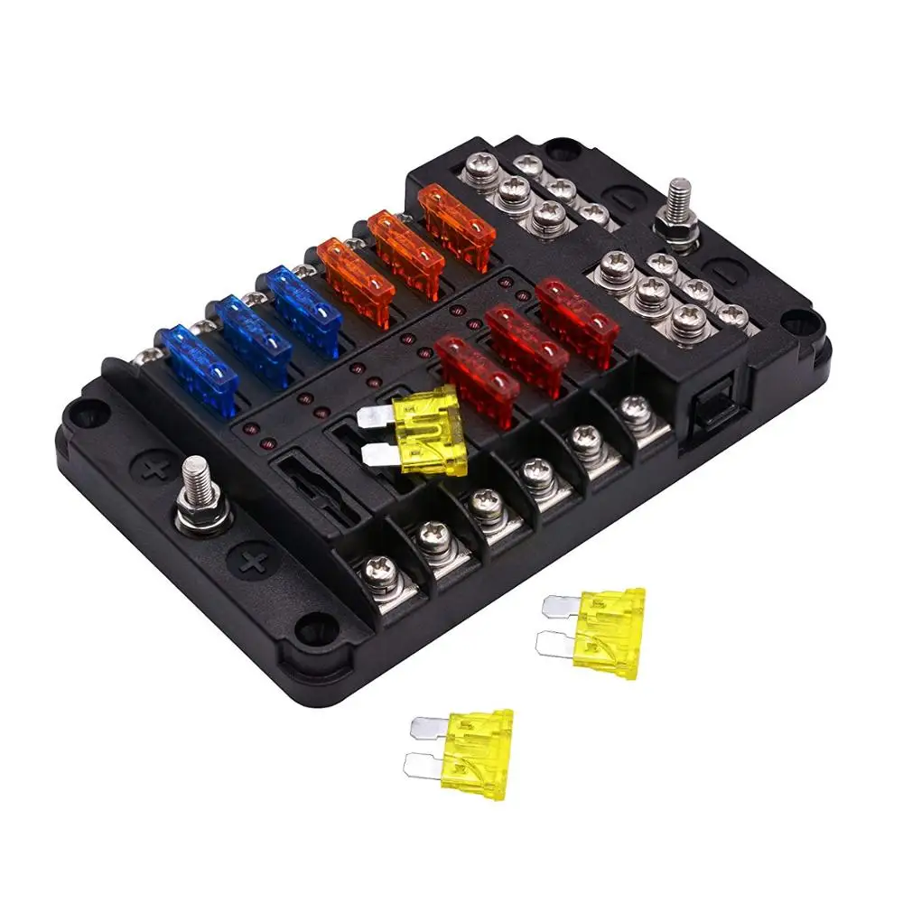 OCR Fuse Box with Negative Bus 12 Way Blade Fuses Holder Block with LED Indicator and Damp-Proof Cover for Boat Van Car Truck Marine 