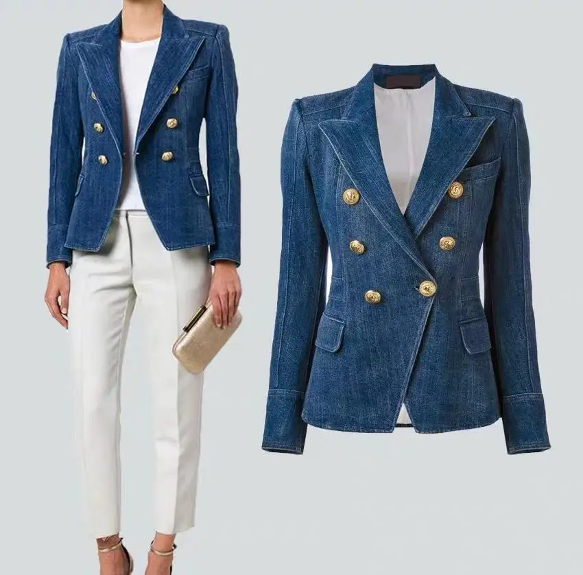 

JRHYME Slim Fit Jeans Jacket Women Denim Suits Blazer Feminino,Double Breasted Notched Lapel Long Sleeves Blazer