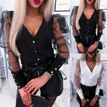 

Elegant Women Sheer Mesh Long Puff Sleeve Shirt Blouses OL Tops Ladies V-neck Buttons Slim Shirt Patchwork See Through Blouses