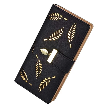 

Fashion Women's Leaf Wallet Long Leather Card Holder Purse Zipper Buckle Elegant Wallet Black