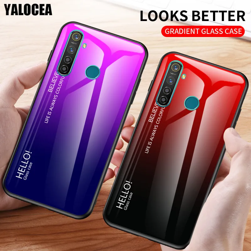 

For Realme Q Case Gradient Tempered Glass Soft Silicone Edge Hard Cover Protective Case For Oppo Realme Q Shockproof Capa Funda