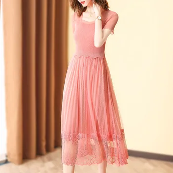 

Spring Summer Women Pleated Fashion New Tidal Popular Lace Lady Elegant Dress