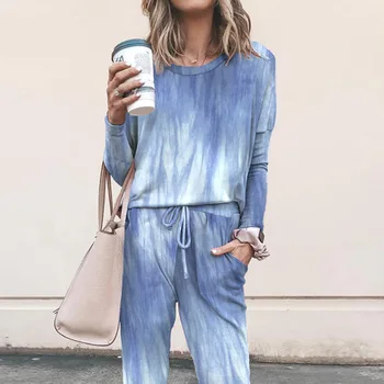 

KLEEZY Home Style Women's Loose Printed Long Sleeve Gradients Casual Two Pieces Set AL8878