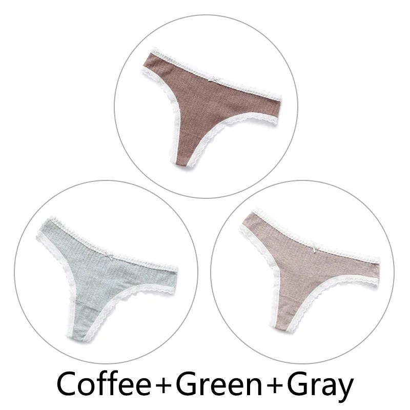 Coffee Green Gray 3 шт., сексуальные женские кружевные стринги, хлопок, бесшовные стринги, нижнее белье, мягкое женское нижнее белье, шелковое антибактериальное белье - Цвет: Coffee Green Gray