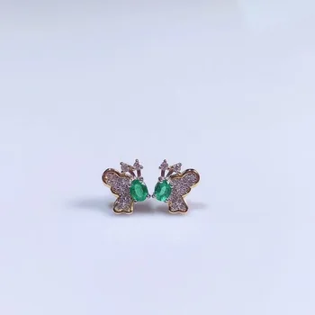 

New natural emerald earrings 925 silver two-color electroplating process butterfly style main stone size 3x4mm