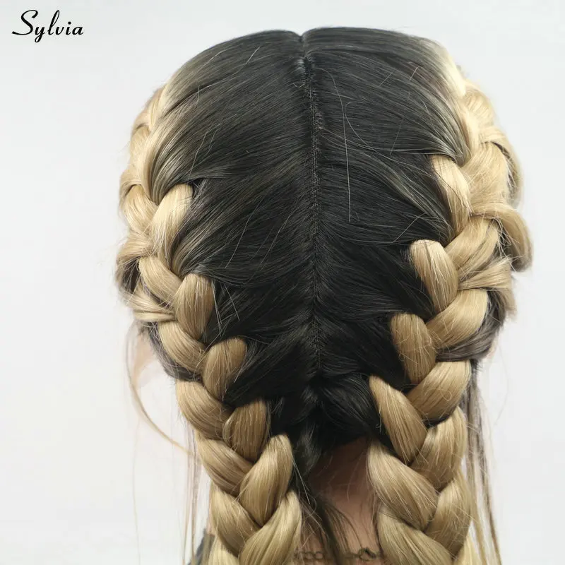 Sylvia длинные Пастель Цвет двойной косы синтетических Синтетические волосы на кружеве парик с волосами младенца для Для женщин 60 # блондинка