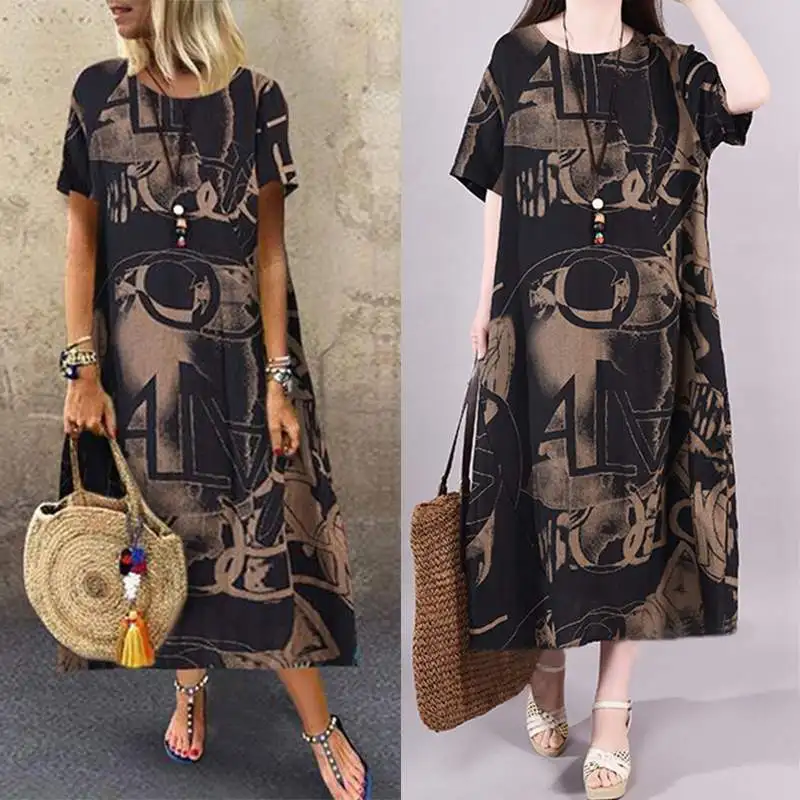 

ZANZEA Women Summer Sundress Ladies Vintage Printed Casual Pockets Mid Calf Vestidos Bohemian Party Beach Dresses Robe Femme 5XL