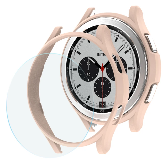 Glass+Case for Samsung Galaxy Watch 4 Classic 42mm 46mm,PC Matte Cover All-Around Protective Bumper Shell for Galaxy Watch4 Pink One Glass
