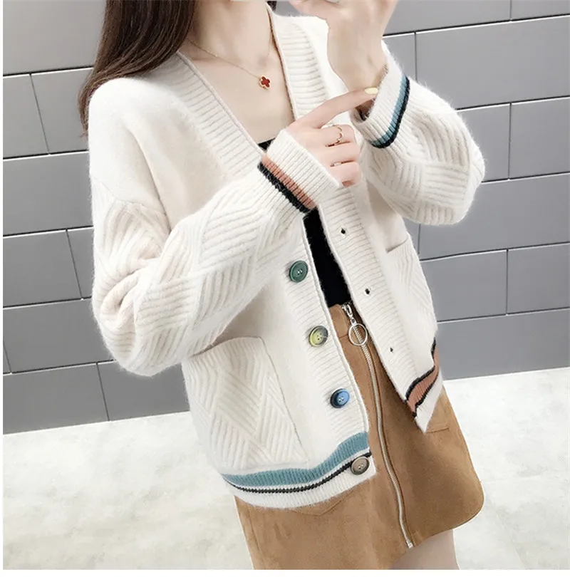 CBAFU acylic women autumn winter sweater jacket sweater coat outwear long sleeve colorful button pockets knitted cardigans P371