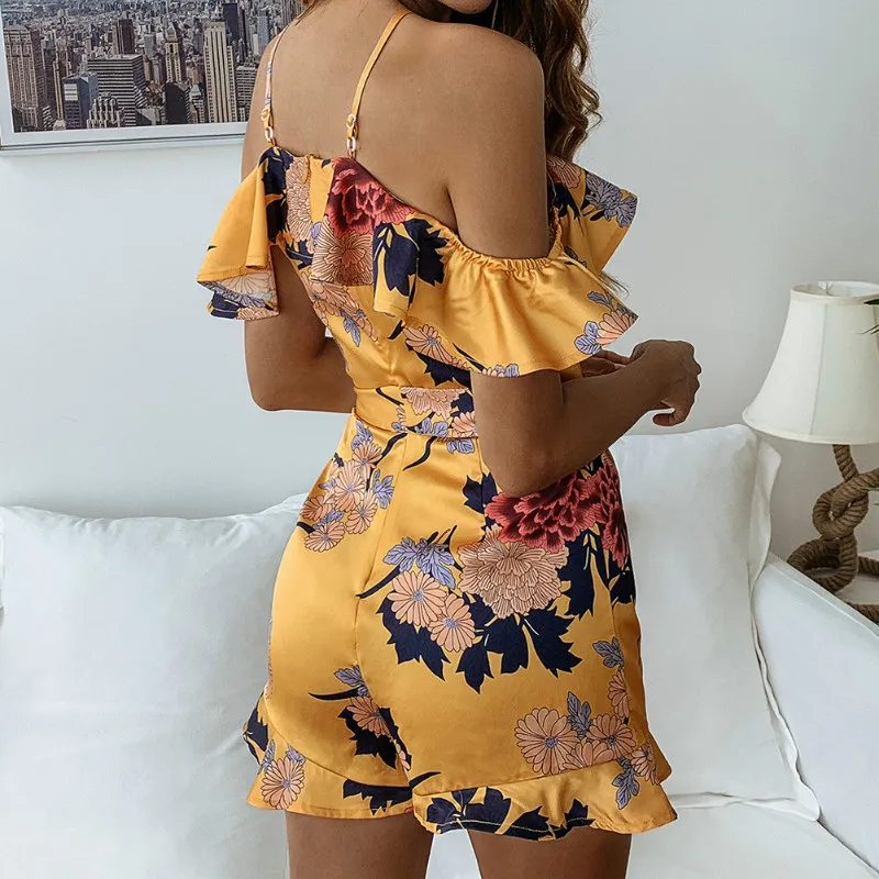 Boho пляжный костюм женские ремешки-спагетти с оборками повязка леди сексуальный комбинезон с цветочным принтом летние комбинезоны M0552
