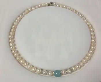 

NATURAL 7-8MM REAL WHITE PEARL & 10MM NATURAL BLUE JADE BEADS NECKLACE 18"
