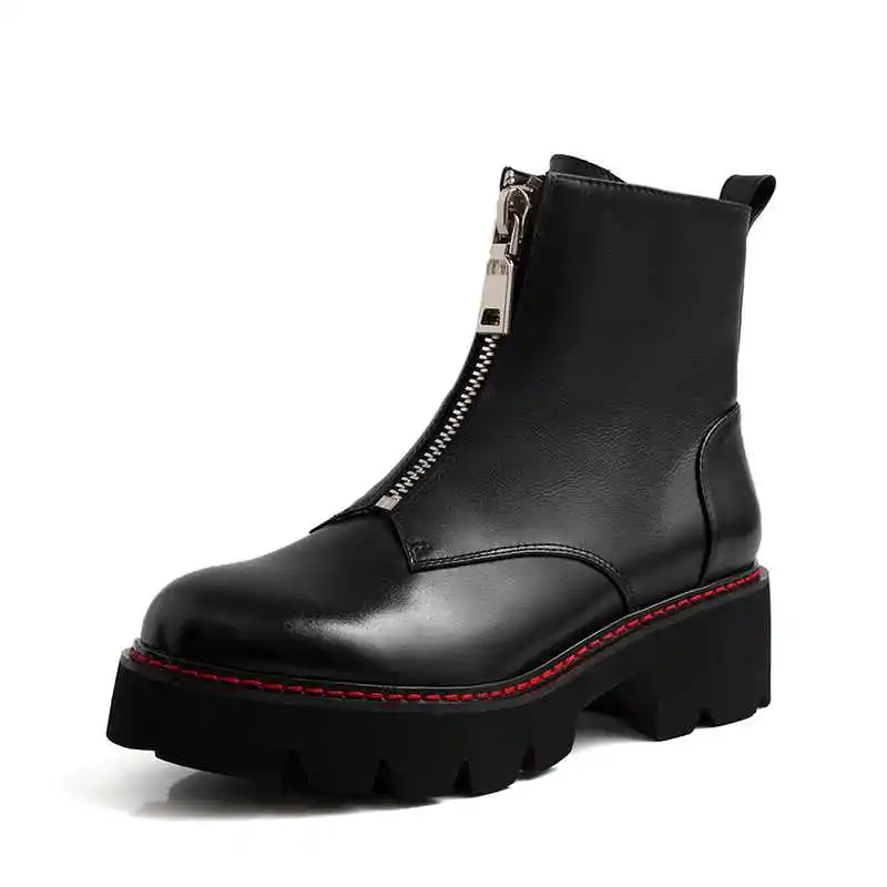 Lenkisen/Лидер продаж; красивые ботинки из натуральной кожи на молнии спереди; ботинки в байкерском стиле; однотонные зимние теплые женские ботильоны с круглым носком на среднем каблуке; L28 - Цвет: Черный
