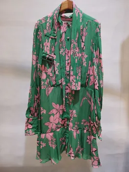 

Women Green Flower Printed Pleated Dress Long Sleeve Spring Summer Tie Ribbon Neck Elegant Slim Mini Dresses With Sashes