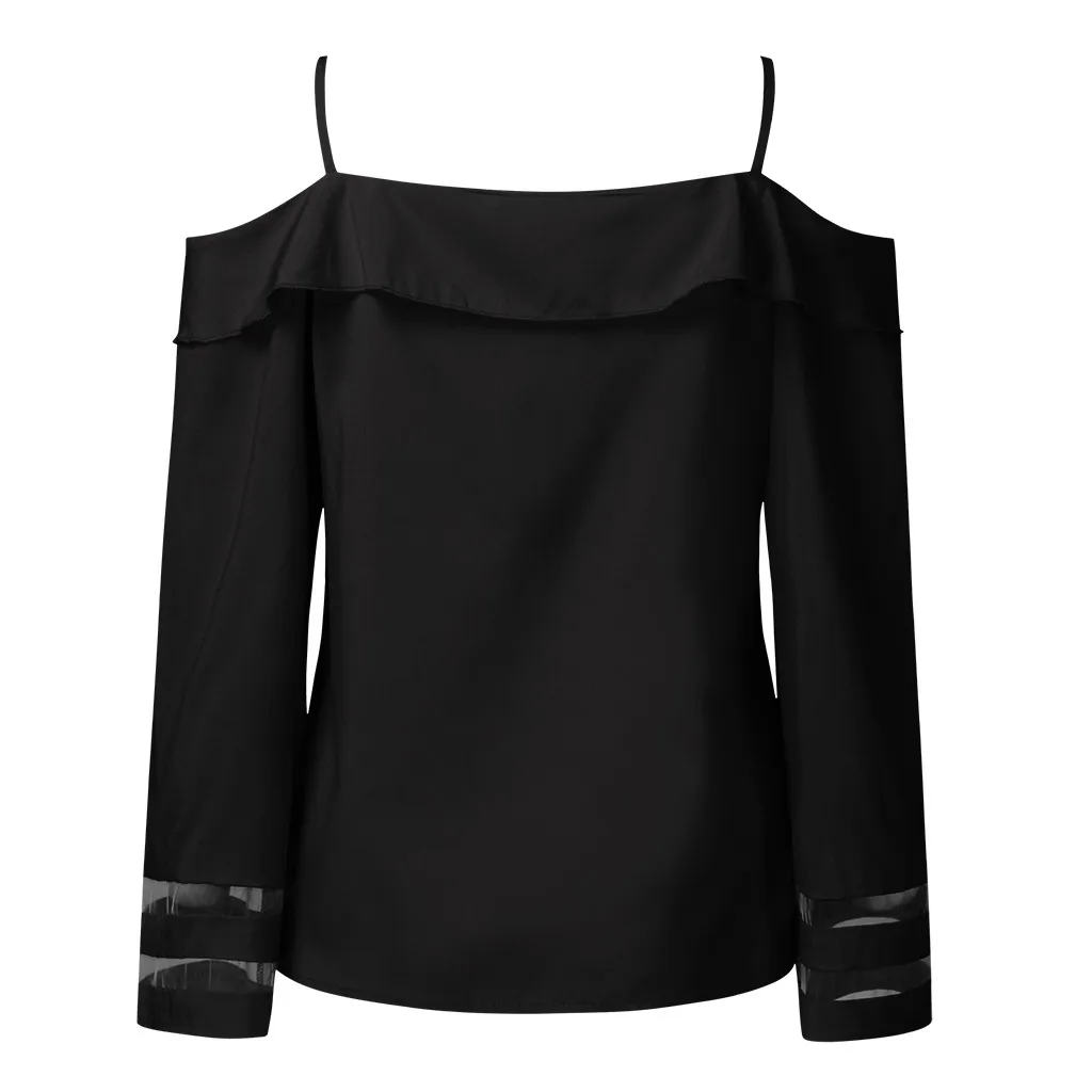 Feitong Sexy Blouse Women Off Shoulder Top Mesh Panel Blouse 3/4 Bell Sleeve Loose Streetwear Top Shirt Women Clothes