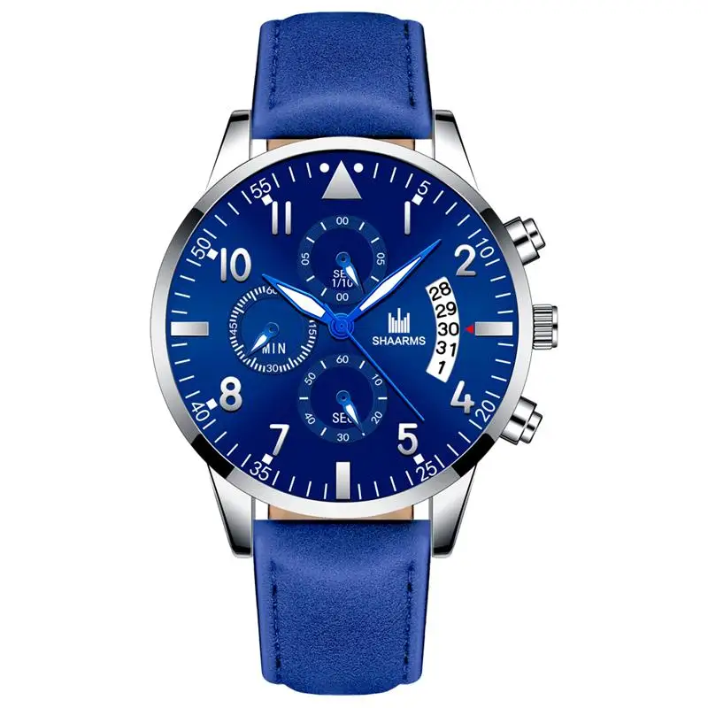 Blue Silver SHAARMS мужские модные кожаные брендовые кварцевые часы мужские повседневные деловые наручные часы Подарки для мужчин часы Montre Homme дропшиппинг - Цвет: Blue Silver