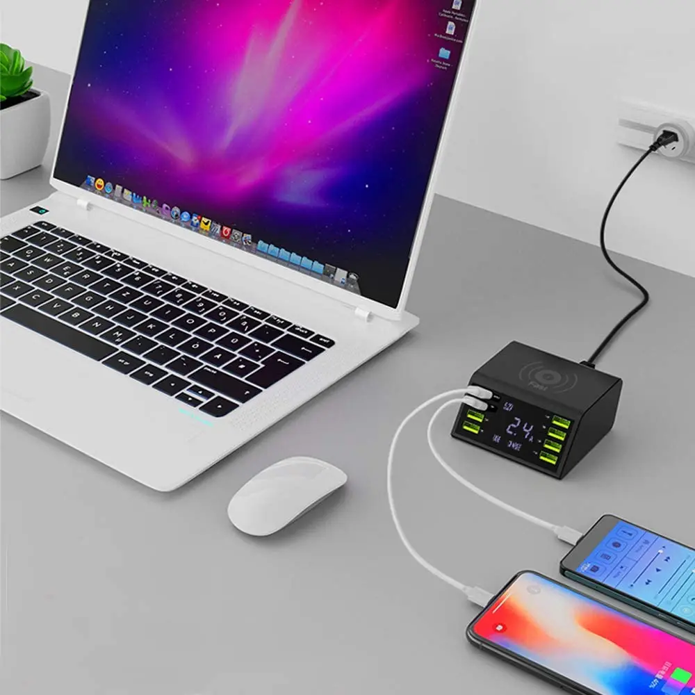 Wireless Charger Charging Station 8 Ports Quick Charge QC 3.0 Smart Power Adapter LCD Display for iPhone iPad Phone Tablet | Мобильные