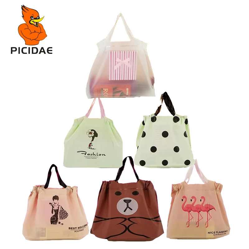 

Gift Clothing Cosmetic Print Pattern Custom LOGO Plastic Hand Frosted Bag Bundle Pocket Drawstring Box Shoes Store Shopping Doll