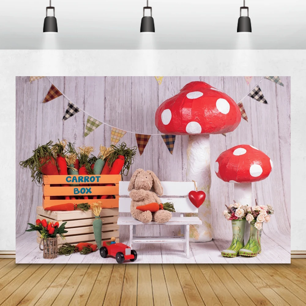 

Spring Flowers Rabbit Easter Photography Backdrop Mushroom Flag Wood Carrot Box Baby Party Decor Photo Background Photo Studio