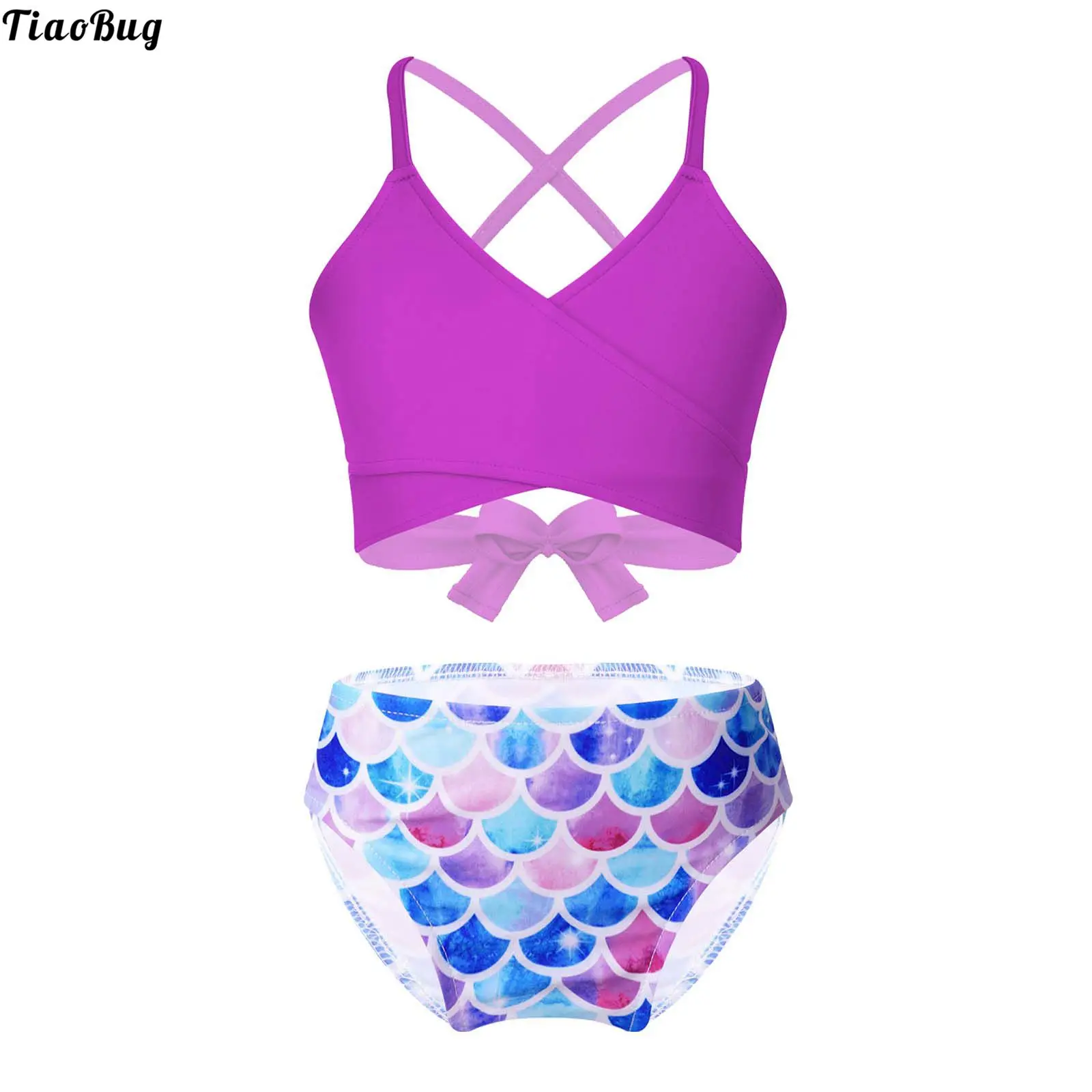 

TiaoBug 2Pcs Kids Girls Print Swimsuit Spaghetti Strap Wrapped V Neck Self-Tie Crop Top Bikini Bottom Bathing Suit Swimwear
