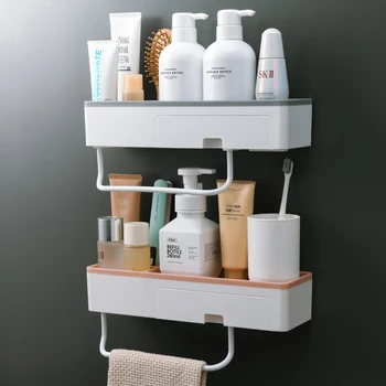 

045 Multi-function Wall mounted With Drawer Towel Bar Bathroom Shelf Compartment Drain Storage Rack Bathroom Accessories