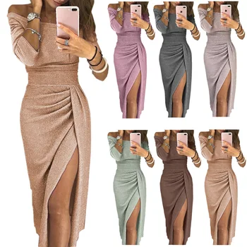 

Women's Shiny Plus Size S-xxxl Slash Neck Slit Evening Party Dresses Ladies Sparkling Long Sleeve Bodycon Night Club Dress