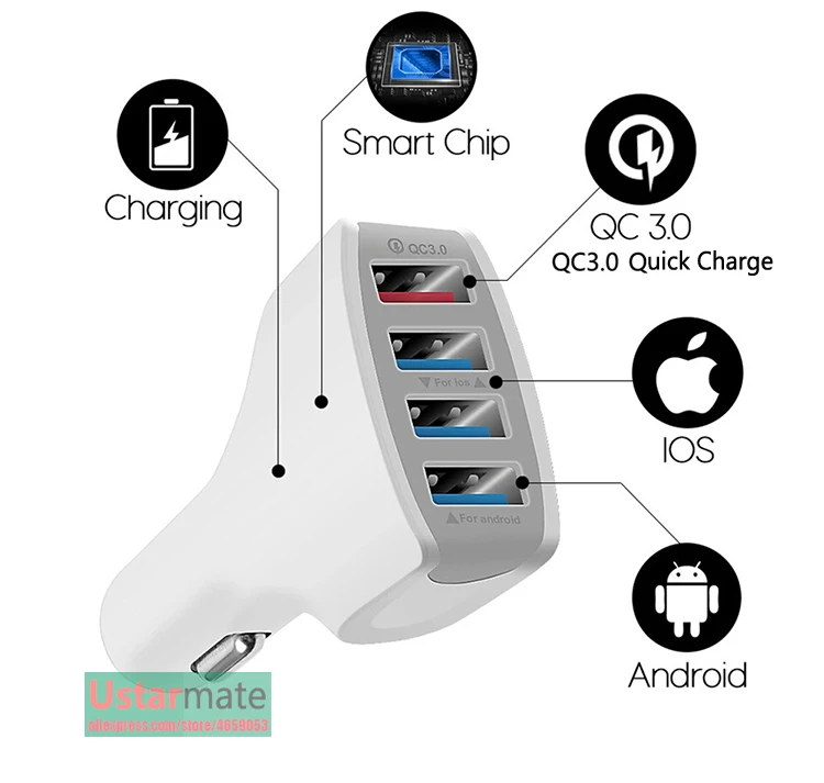 4-Port Qc 3.0 Schnellladung 35w USB Auto-Ladegerät Zigarettenanzünder  Adapter mit blauer LED für iPhone, Android, Samsung, Ipad Pro und alle  Smartphones