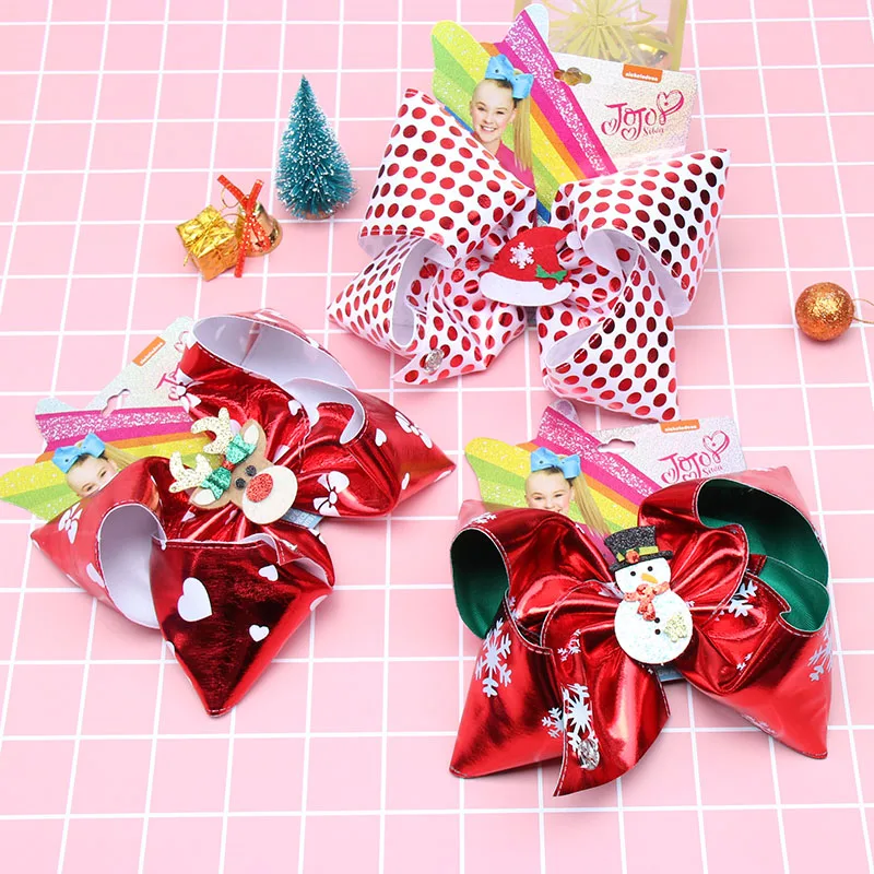 7" Jojo Siwa Hair Bows for Girls Handmade Leather JOJO BOWS with Glitter Snowman Hair Clip for Christmas Party Hair Accessories