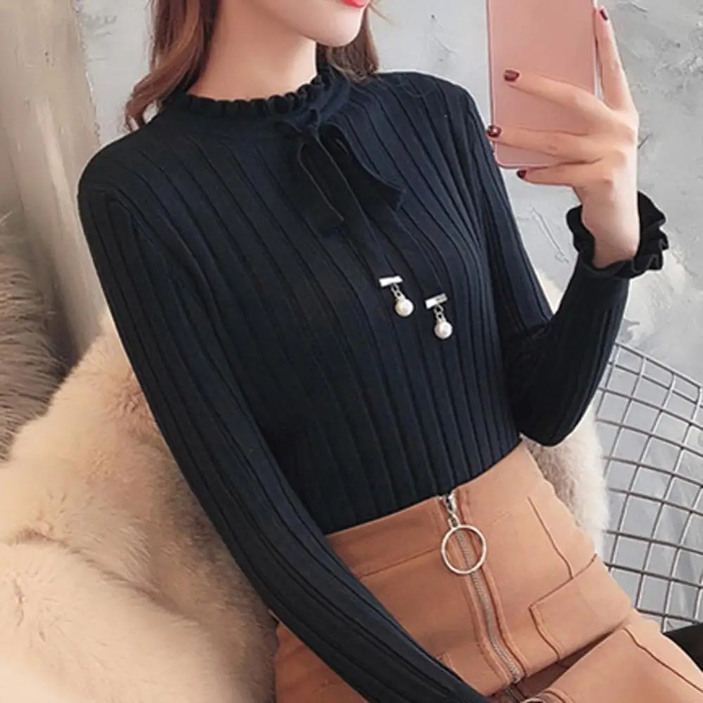 

2019 Autumn Winter new Korean women collar sweater all-match long sleeved shirt slim one-neck female thread tight Pullover SW3M