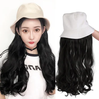

Curly Wavy Long Natural Black/White Cap Hair Extensions Fisherman's Hat Hairpiece Synthetic Heat Resistant Hair Piece Wigs