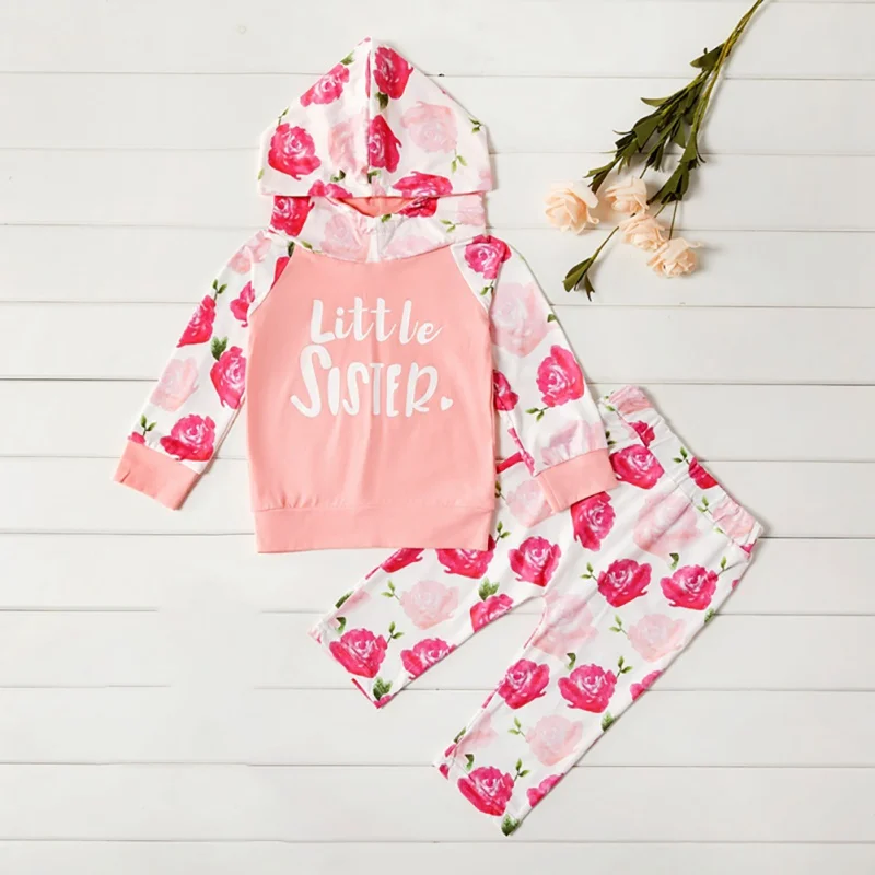 Толстовка с принтом «Little Big Sister» топ+ штаны с цветочным принтом комплект одежды для маленьких принцесс из 2 предметов; весенние комплекты для новорожденных девочек