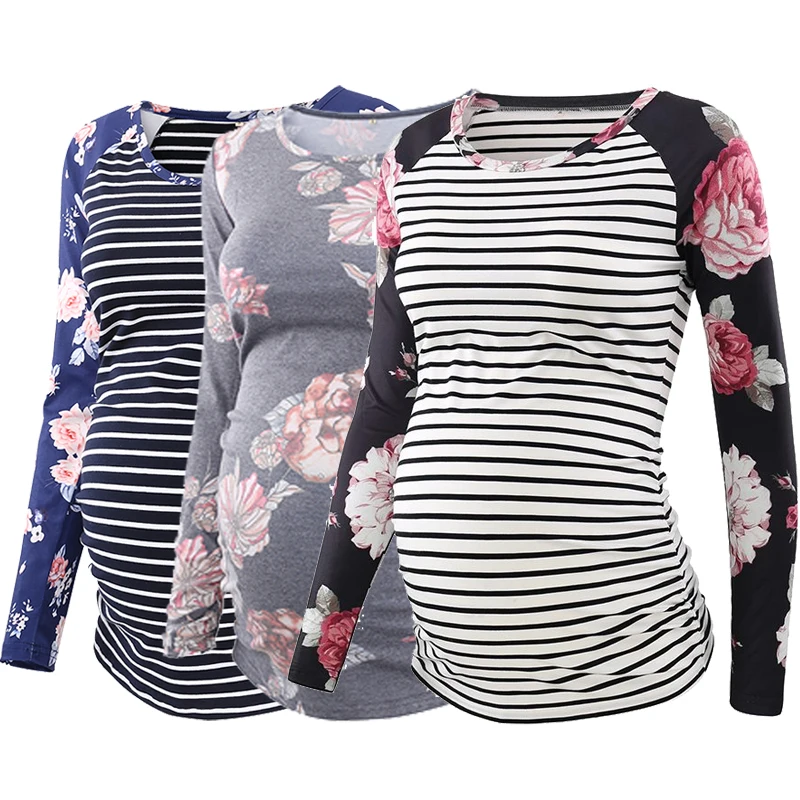 pack of 3 stripe Комплект из 3 предметов, Женская туника для беременных, топы, одежда для мамы, красивая футболка с длинными рукавами и рюшами, с глубоким вырезом, для беременных - Цвет: pack of 3 stripe