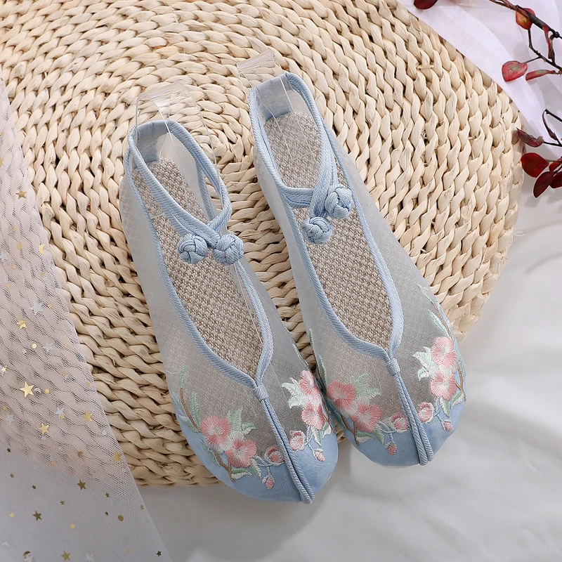 Летняя сетчатая обувь на плоской подошве с вышивкой в национальном стиле; Тканевая обувь в винтажном китайском стиле; cheongsam; Тканевая обувь с вышивкой