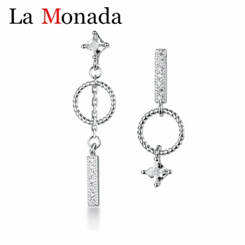 

925 Sterling Silver One Word Twist Small Circle Asymmetric Dangle Earrings For Woman Lady Girls Zircon Fine Jewelry