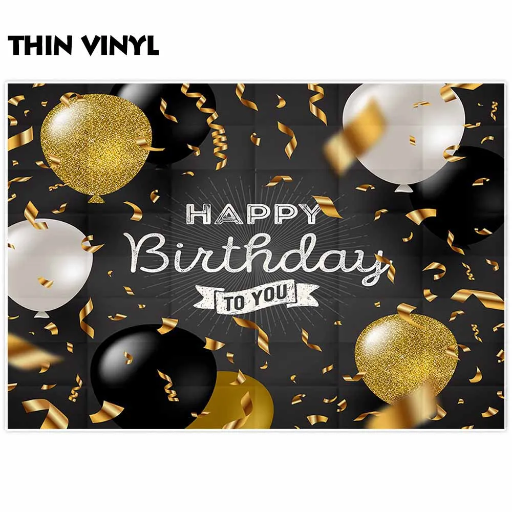Allenjoy Happy Birthday Backdrop Glitter Golden Ribbon Balloons Black Party Curtain Banner Photozone Baby Shower Event Supplies