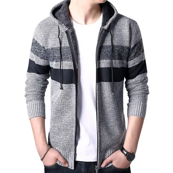 

2020 Autumn Knitted Sweater Men Zipper Baseball Stand Collar Knitwear Sweatercoat Casual Striped Hooded Coat Casaco Masculino