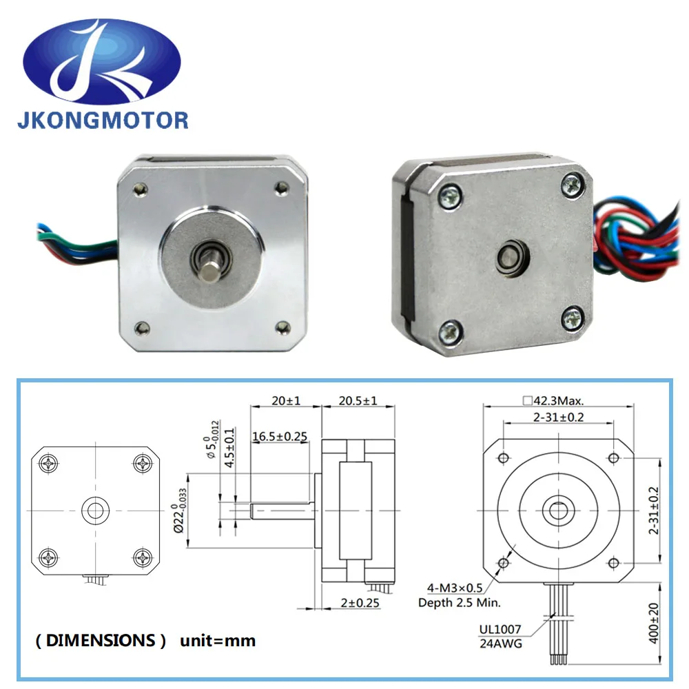Jkongmotor Nema 17 Stepper Motor 20mm 13Ncm 1A Nema17 Step Motor 4