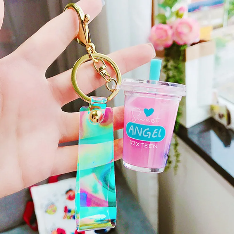 Creative Mini Soft Drink Keychain Coconut Milk tea Beverage Bubble Tea Acrylic Moving Liquid oil Drop decompression Jewelry gift - Цвет: PK