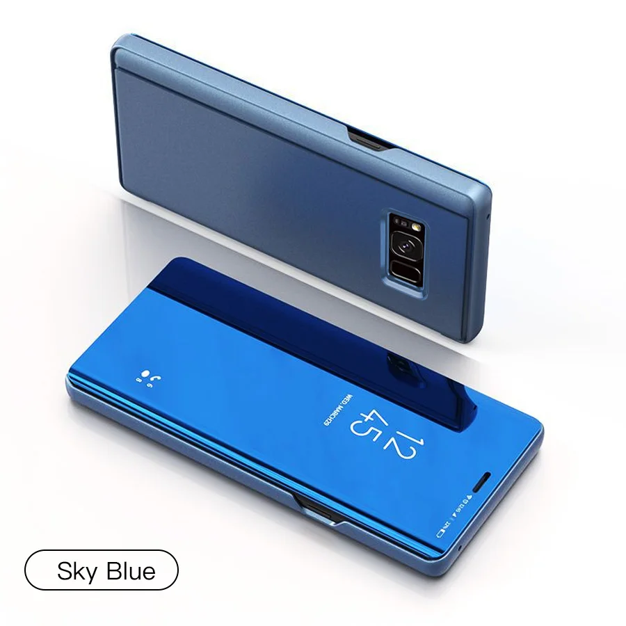 Mirror Flip Phone Case For Samsung Galaxy S8 S10 Note9 Cover Thin Clamshell Smart Call Answer Phone Holder Stand Glass Cases - Цвет: Blue Flip Case