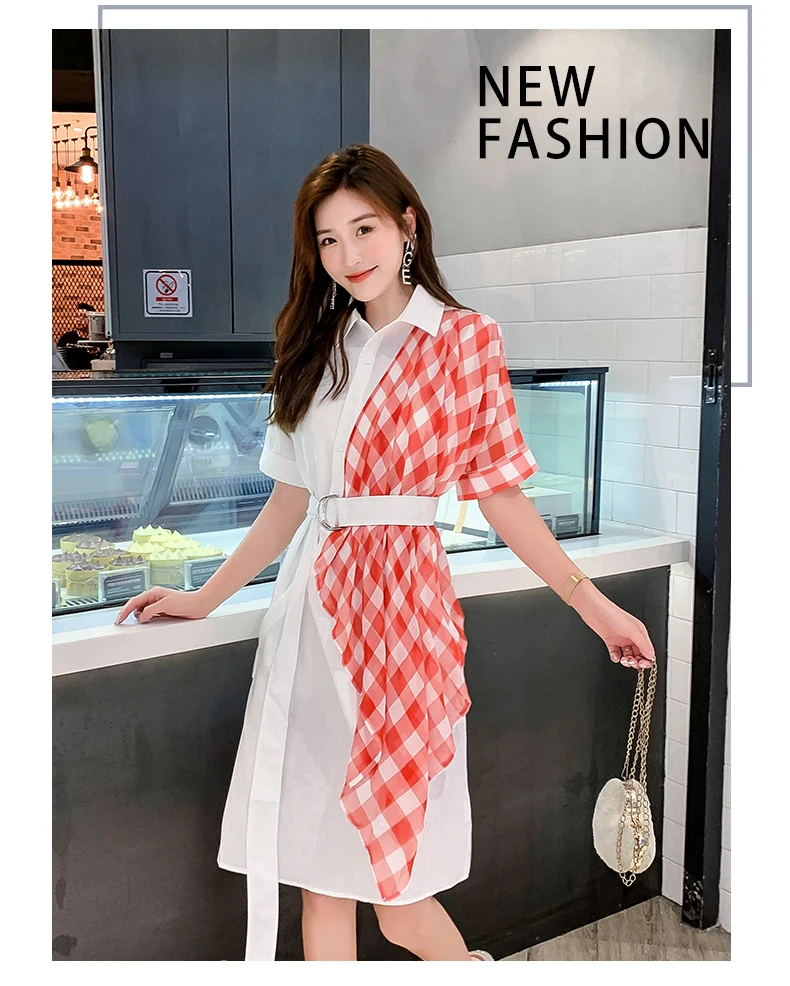 HAMALIEL High Street Лето Хит цвет рубашка платье Модные женские белые красные Лоскутные плед отложной воротник ofce OL ремень платье