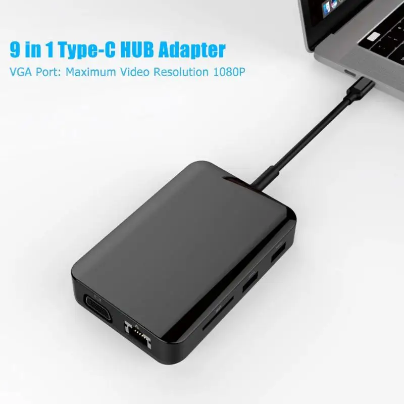 9 в 1 тип-c концентратор адаптер type C для PD док-станции 2 USB 3,0 порт 4K HDMI 1080P VGA RJ45 TF слот для карт 3,5 мм аудио разъем для Macbook Pro